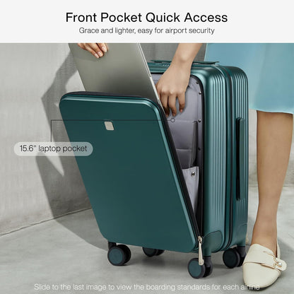 Grace Expandable Carry On Luggage with Wheels Airline Approved Hard Shell Suitcases with Front Pocket，Top Opening Luggage with TSA Lock for Short Business Travel, Blackish Green.