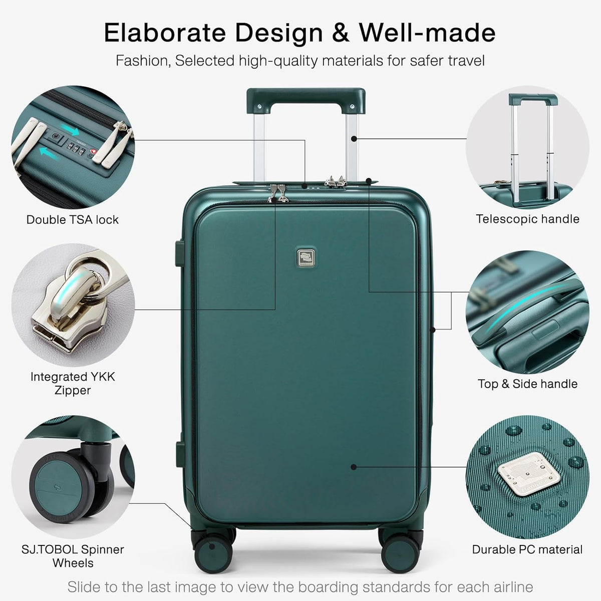Grace Expandable Carry On Luggage with Wheels Airline Approved Hard Shell Suitcases with Front Pocket，Top Opening Luggage with TSA Lock for Short Business Travel, Blackish Green.