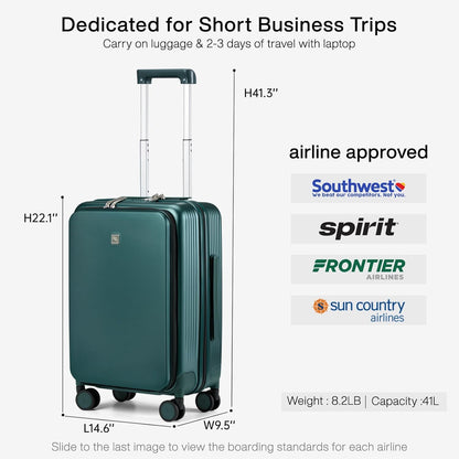 Grace Expandable Carry On Luggage with Wheels Airline Approved Hard Shell Suitcases with Front Pocket，Top Opening Luggage with TSA Lock for Short Business Travel, Blackish Green.