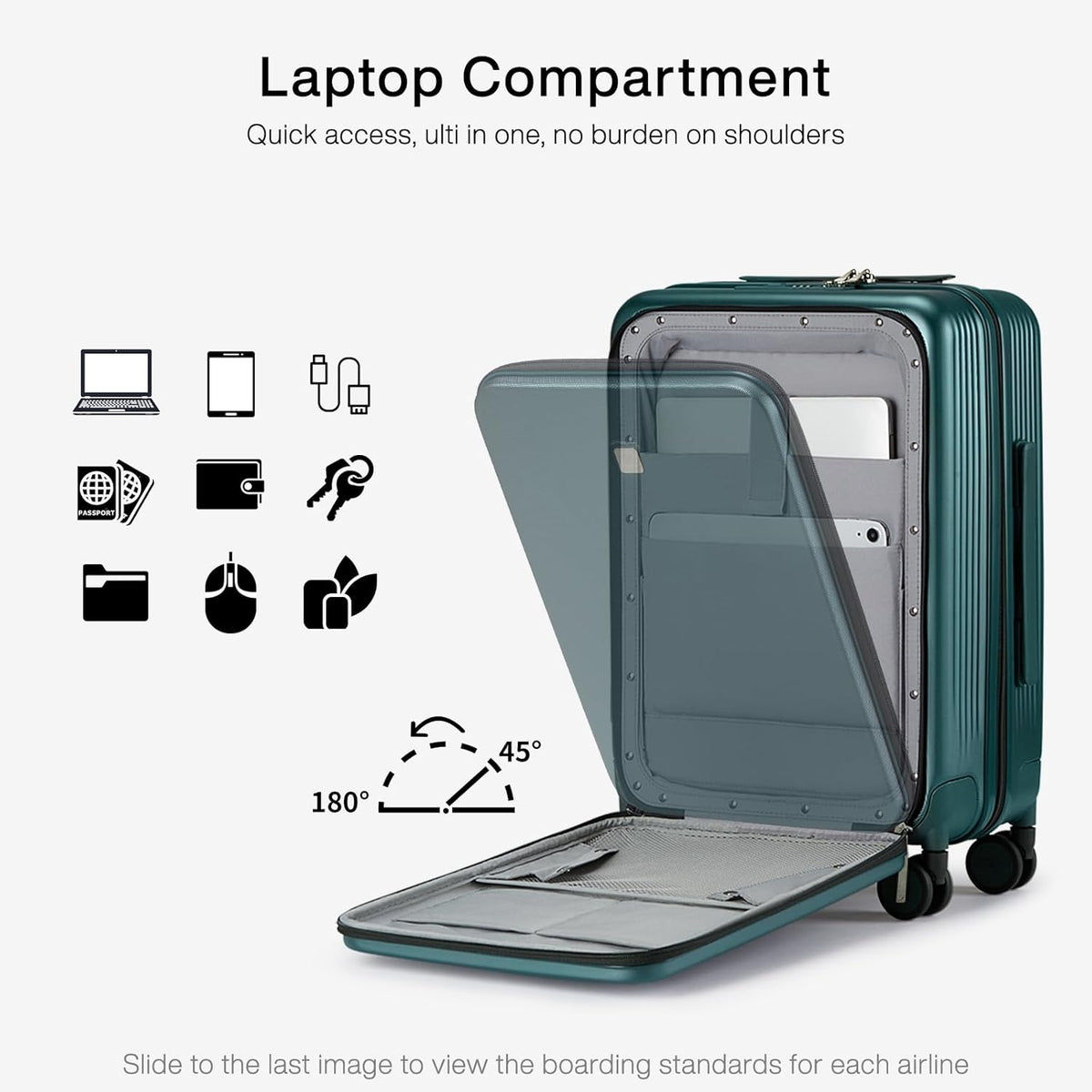 Grace Expandable Carry On Luggage with Wheels Airline Approved Hard Shell Suitcases with Front Pocket，Top Opening Luggage with TSA Lock for Short Business Travel, Blackish Green.