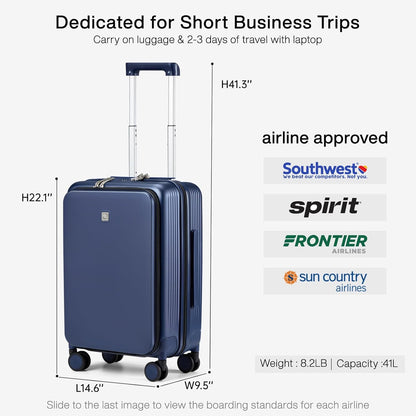 Grace Expandable Carry On Luggage with Wheels Airline Approved Hard Shell Suitcases with Front Pocket，Top Opening Luggage with TSA Lock for Short Business Travel, Blackish Green.