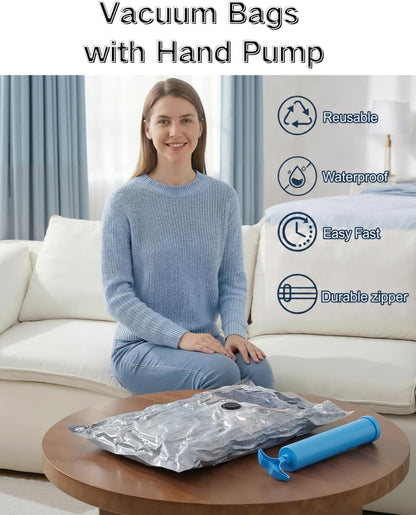 Travel Vacuum Bags with Hand Pump, 6-Pack | 80% Space Saver Bags for Clothes,Portable Compression Packing Seal for Luggage & Suitcase,Reusable,Perfect for Travel & Home