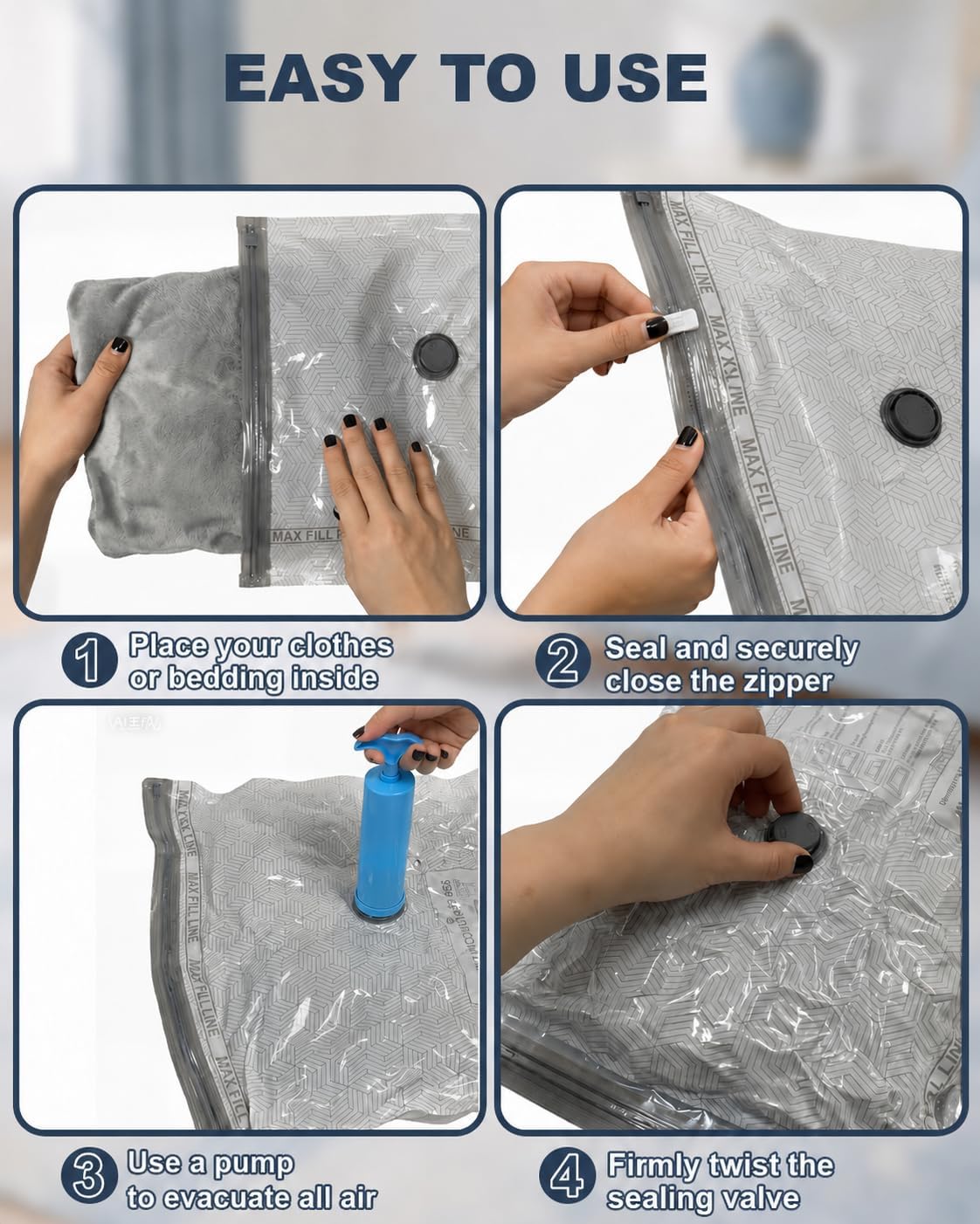 Travel Vacuum Bags with Hand Pump, 6-Pack | 80% Space Saver Bags for Clothes,Portable Compression Packing Seal for Luggage & Suitcase,Reusable,Perfect for Travel & Home
