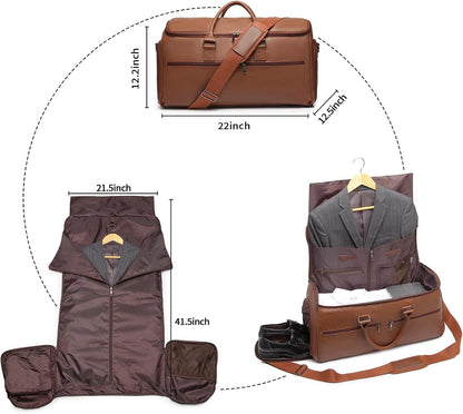 Garment Bag with Shoe Pouch Carry On Convertible Travel Duffel Bag for Men Women, 2 in 1 Hanging Suitcase Suit Business Travel Bag, Brown