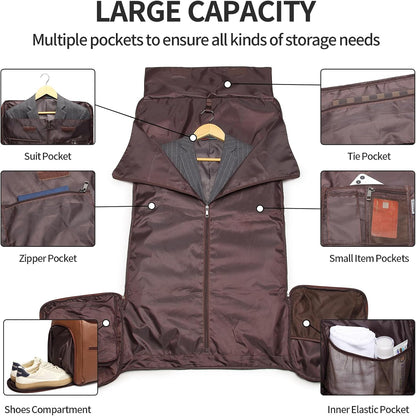 Garment Bag with Shoe Pouch Carry On Convertible Travel Duffel Bag for Men Women, 2 in 1 Hanging Suitcase Suit Business Travel Bag, Brown