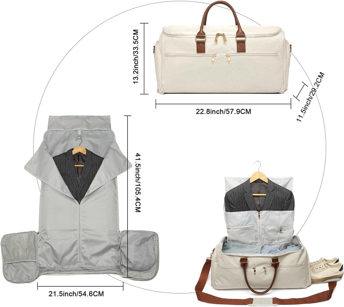Garment Bag with Shoe Pouch Carry On Convertible Travel Duffel Bag for Men Women, 2 in 1 Hanging Suitcase Suit Business Travel Bag, Brown