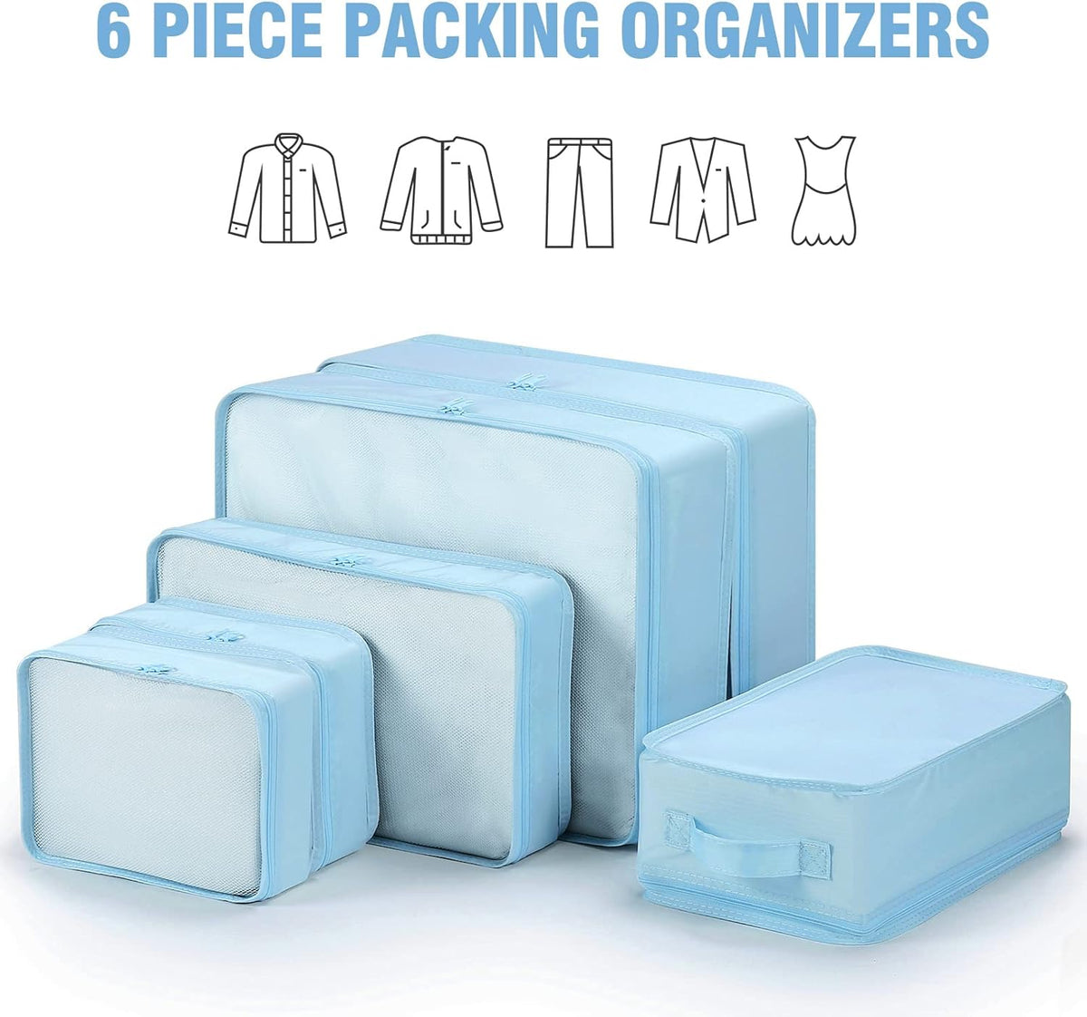 6 Set Packing Cubes with Shoe Bag - Lightweight Travel Luggage Suitcase Organizers