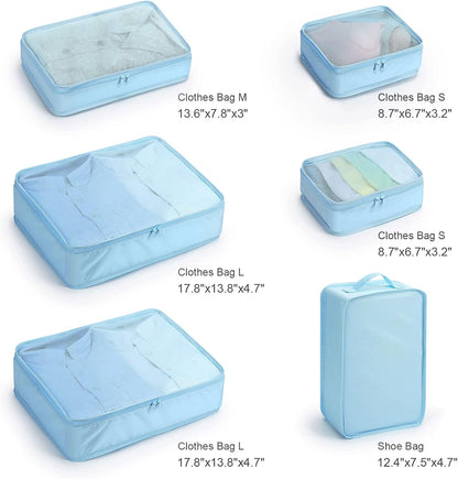6 Set Packing Cubes with Shoe Bag - Lightweight Travel Luggage Suitcase Organizers