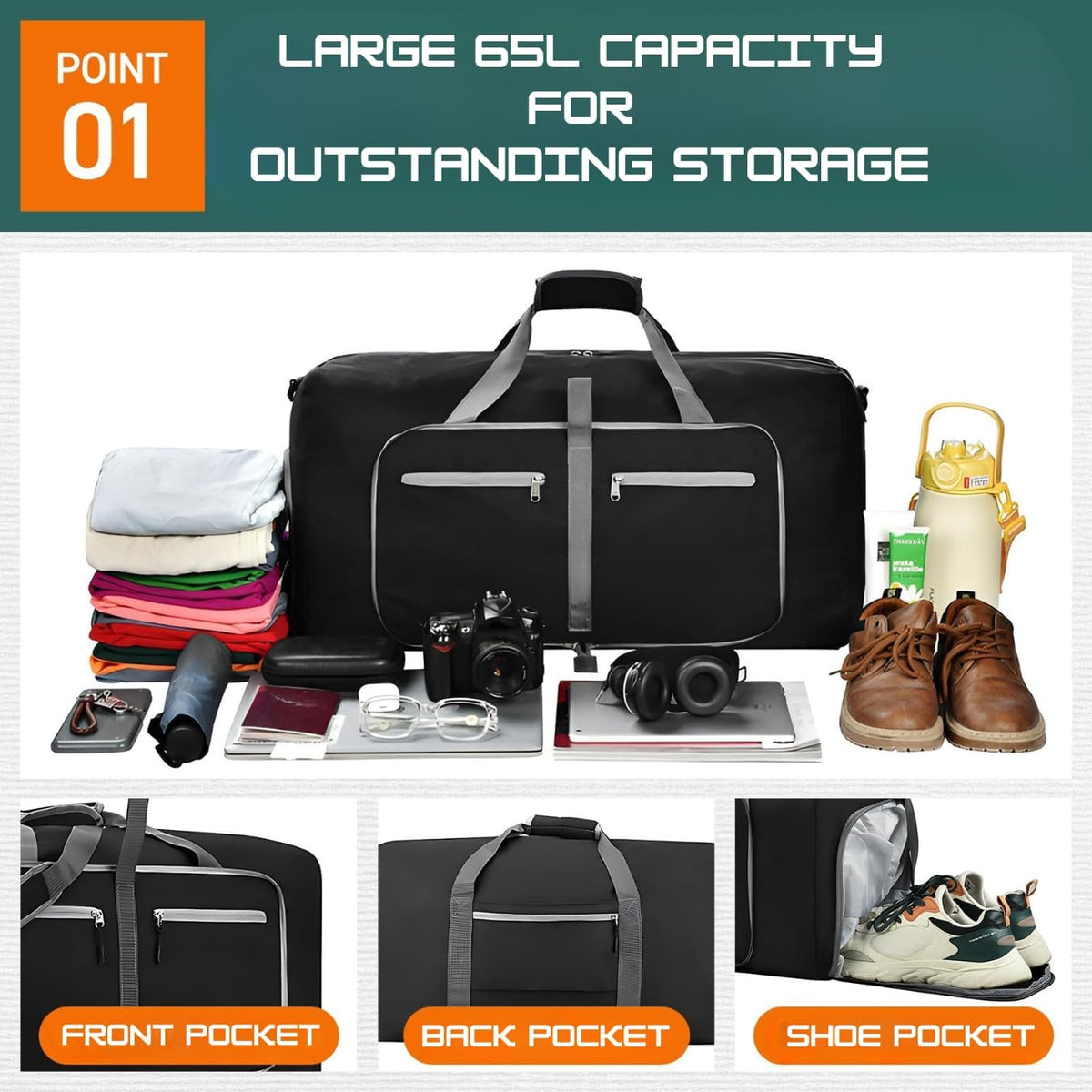 Travel Bag Gym Bag Folding Boston Bag Duffel Bag Carry On Large Capacity 65L Waterproof With Shoe Bag No Logo (Black, 24.8inch×11.4inch×13.8inch)