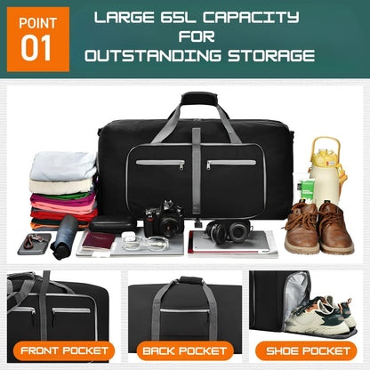Travel Bag Gym Bag Folding Boston Bag Duffel Bag Carry On Large Capacity 65L Waterproof With Shoe Bag No Logo (Black, 24.8inch×11.4inch×13.8inch)