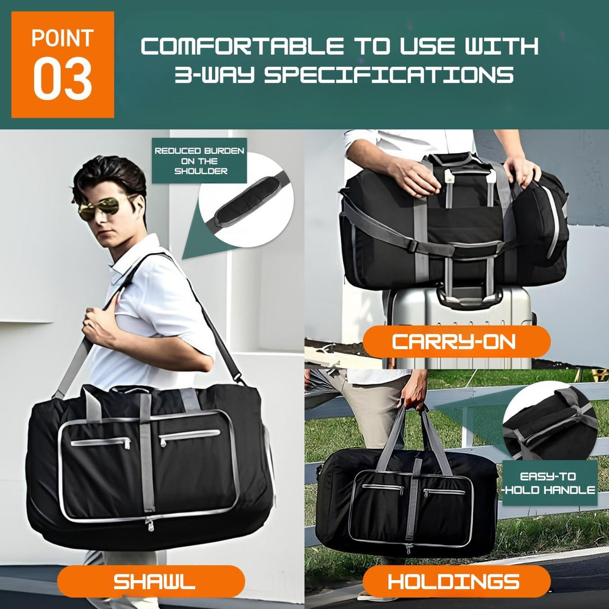 Travel Bag Gym Bag Folding Boston Bag Duffel Bag Carry On Large Capacity 65L Waterproof With Shoe Bag No Logo (Black, 24.8inch×11.4inch×13.8inch)