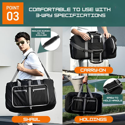 Travel Bag Gym Bag Folding Boston Bag Duffel Bag Carry On Large Capacity 65L Waterproof With Shoe Bag No Logo (Black, 24.8inch×11.4inch×13.8inch)