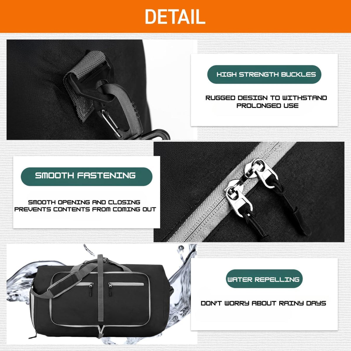 Travel Bag Gym Bag Folding Boston Bag Duffel Bag Carry On Large Capacity 65L Waterproof With Shoe Bag No Logo (Black, 24.8inch×11.4inch×13.8inch)