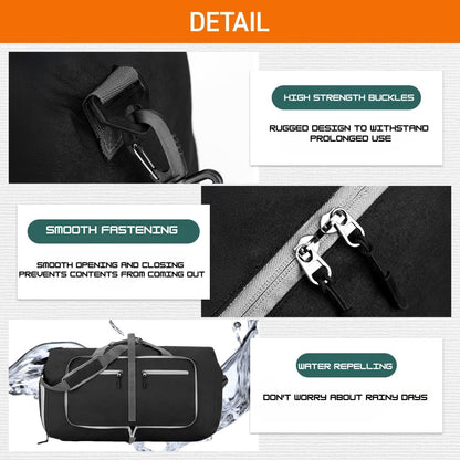 Travel Bag Gym Bag Folding Boston Bag Duffel Bag Carry On Large Capacity 65L Waterproof With Shoe Bag No Logo (Black, 24.8inch×11.4inch×13.8inch)