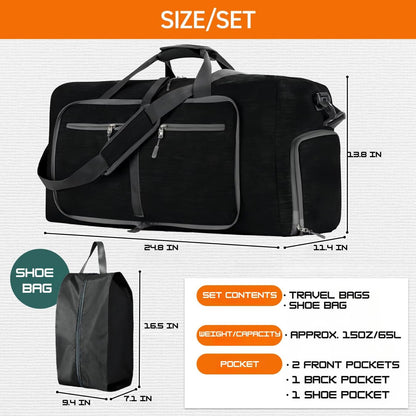 Travel Bag Gym Bag Folding Boston Bag Duffel Bag Carry On Large Capacity 65L Waterproof With Shoe Bag No Logo (Black, 24.8inch×11.4inch×13.8inch)