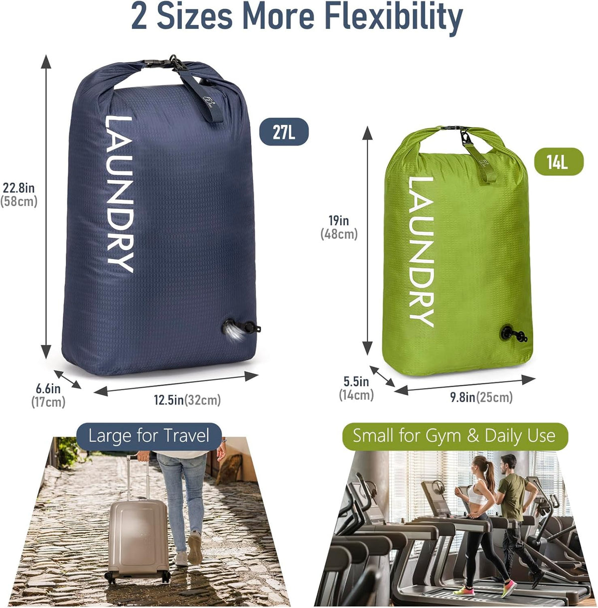 Compression Laundry Bag 2 Pack, Pump-Free Travel Laundry Bag for Dirty Clothes, Waterproof Wet Dry Bag, Space Saving Packing Organizer for Suitcase, Gym & Swim (Navy Blue & Orange)