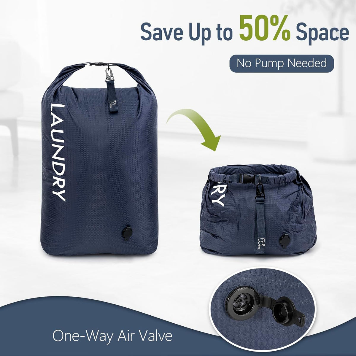 Compression Laundry Bag 2 Pack, Pump-Free Travel Laundry Bag for Dirty Clothes, Waterproof Wet Dry Bag, Space Saving Packing Organizer for Suitcase, Gym & Swim (Navy Blue & Orange)
