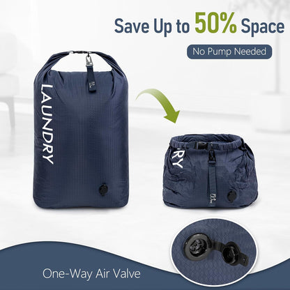 Compression Laundry Bag 2 Pack, Pump-Free Travel Laundry Bag for Dirty Clothes, Waterproof Wet Dry Bag, Space Saving Packing Organizer for Suitcase, Gym & Swim (Navy Blue & Orange)
