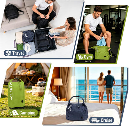 Compression Laundry Bag 2 Pack, Pump-Free Travel Laundry Bag for Dirty Clothes, Waterproof Wet Dry Bag, Space Saving Packing Organizer for Suitcase, Gym & Swim (Navy Blue & Orange)