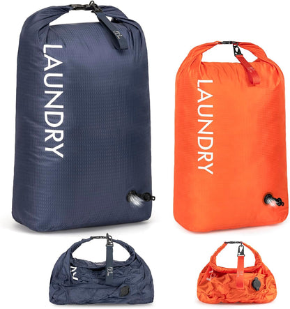 Compression Laundry Bag 2 Pack, Pump-Free Travel Laundry Bag for Dirty Clothes, Waterproof Wet Dry Bag, Space Saving Packing Organizer for Suitcase, Gym & Swim (Navy Blue & Orange)