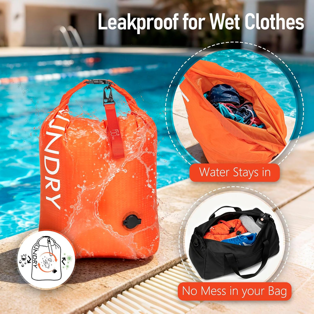 Compression Laundry Bag 2 Pack, Pump-Free Travel Laundry Bag for Dirty Clothes, Waterproof Wet Dry Bag, Space Saving Packing Organizer for Suitcase, Gym & Swim (Navy Blue & Orange)