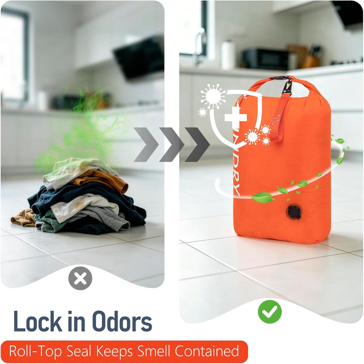 Compression Laundry Bag 2 Pack, Pump-Free Travel Laundry Bag for Dirty Clothes, Waterproof Wet Dry Bag, Space Saving Packing Organizer for Suitcase, Gym & Swim (Navy Blue & Orange)