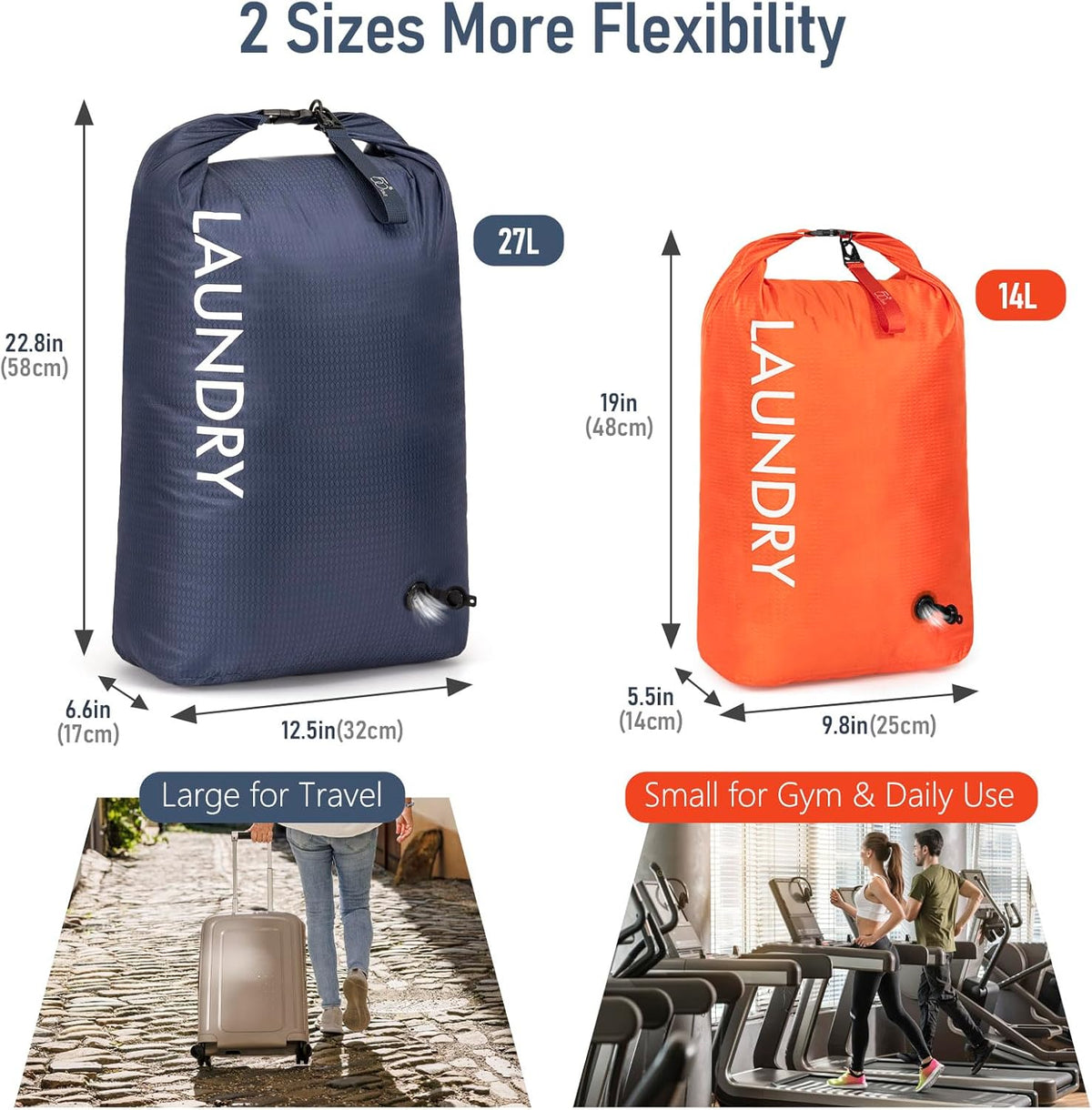 Compression Laundry Bag 2 Pack, Pump-Free Travel Laundry Bag for Dirty Clothes, Waterproof Wet Dry Bag, Space Saving Packing Organizer for Suitcase, Gym & Swim (Navy Blue & Orange)