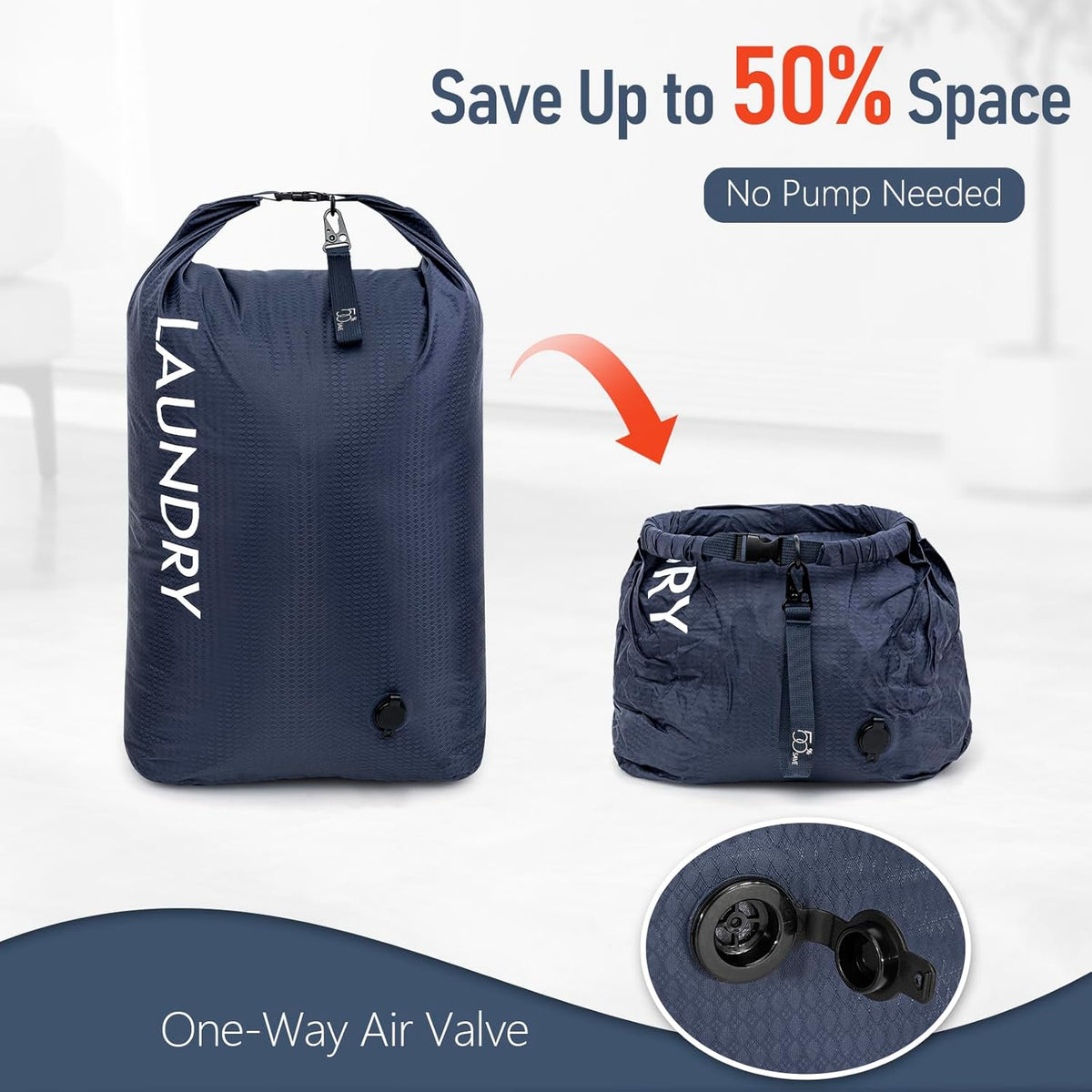Compression Laundry Bag 2 Pack, Pump-Free Travel Laundry Bag for Dirty Clothes, Waterproof Wet Dry Bag, Space Saving Packing Organizer for Suitcase, Gym & Swim (Navy Blue & Orange)