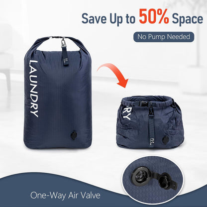 Compression Laundry Bag 2 Pack, Pump-Free Travel Laundry Bag for Dirty Clothes, Waterproof Wet Dry Bag, Space Saving Packing Organizer for Suitcase, Gym & Swim (Navy Blue & Orange)
