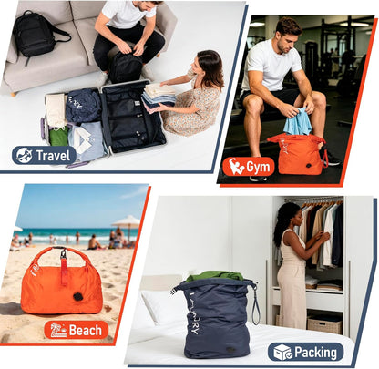Compression Laundry Bag 2 Pack, Pump-Free Travel Laundry Bag for Dirty Clothes, Waterproof Wet Dry Bag, Space Saving Packing Organizer for Suitcase, Gym & Swim (Navy Blue & Orange)