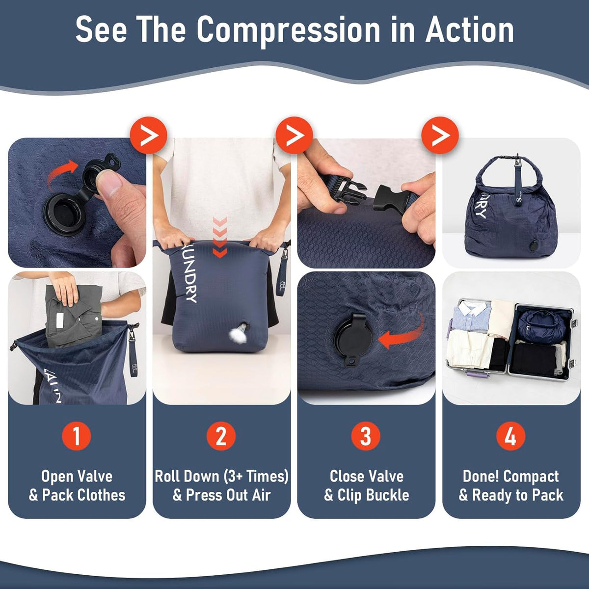 Compression Laundry Bag 2 Pack, Pump-Free Travel Laundry Bag for Dirty Clothes, Waterproof Wet Dry Bag, Space Saving Packing Organizer for Suitcase, Gym & Swim (Navy Blue & Orange)