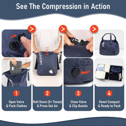 Compression Laundry Bag 2 Pack, Pump-Free Travel Laundry Bag for Dirty Clothes, Waterproof Wet Dry Bag, Space Saving Packing Organizer for Suitcase, Gym & Swim (Navy Blue & Orange)