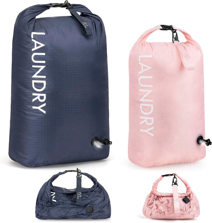 Compression Laundry Bag 2 Pack, Pump-Free Travel Laundry Bag for Dirty Clothes, Waterproof Wet Dry Bag, Space Saving Packing Organizer for Suitcase, Gym & Swim (Navy Blue & Orange)