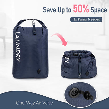 Compression Laundry Bag 2 Pack, Pump-Free Travel Laundry Bag for Dirty Clothes, Waterproof Wet Dry Bag, Space Saving Packing Organizer for Suitcase, Gym & Swim (Navy Blue & Orange)