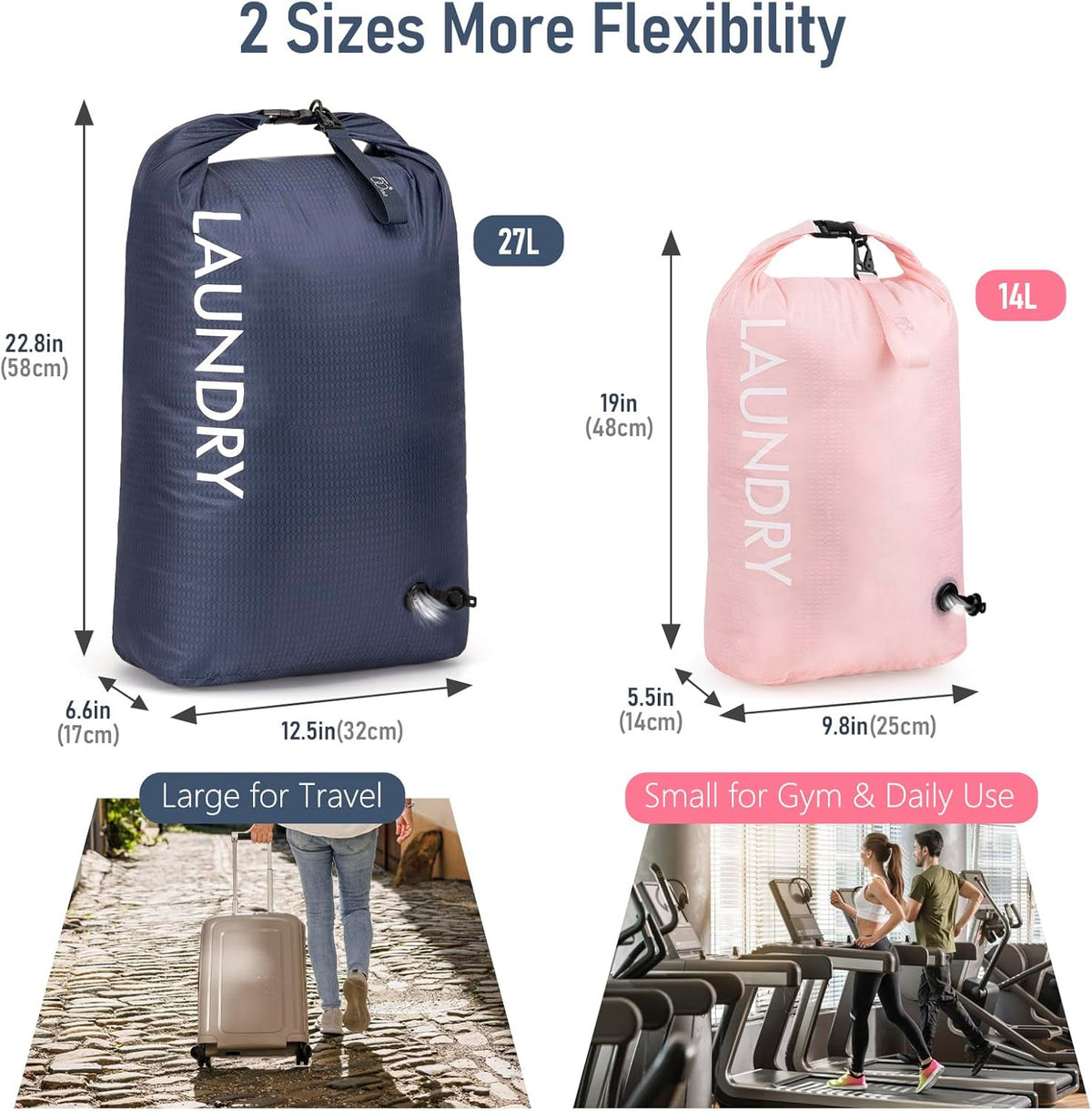Compression Laundry Bag 2 Pack, Pump-Free Travel Laundry Bag for Dirty Clothes, Waterproof Wet Dry Bag, Space Saving Packing Organizer for Suitcase, Gym & Swim (Navy Blue & Orange)
