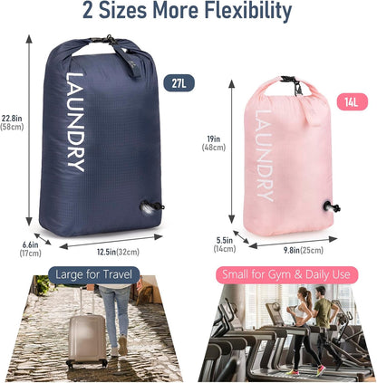 Compression Laundry Bag 2 Pack, Pump-Free Travel Laundry Bag for Dirty Clothes, Waterproof Wet Dry Bag, Space Saving Packing Organizer for Suitcase, Gym & Swim (Navy Blue & Orange)