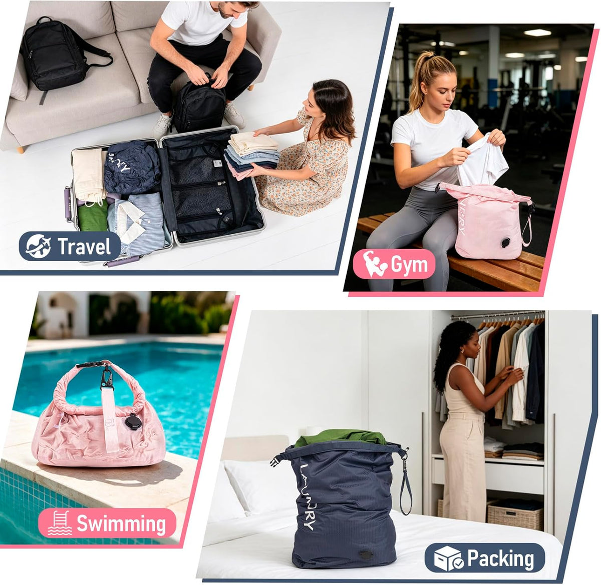 Compression Laundry Bag 2 Pack, Pump-Free Travel Laundry Bag for Dirty Clothes, Waterproof Wet Dry Bag, Space Saving Packing Organizer for Suitcase, Gym & Swim (Navy Blue & Orange)