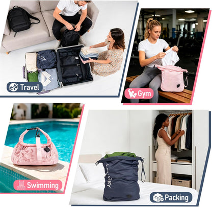 Compression Laundry Bag 2 Pack, Pump-Free Travel Laundry Bag for Dirty Clothes, Waterproof Wet Dry Bag, Space Saving Packing Organizer for Suitcase, Gym & Swim (Navy Blue & Orange)