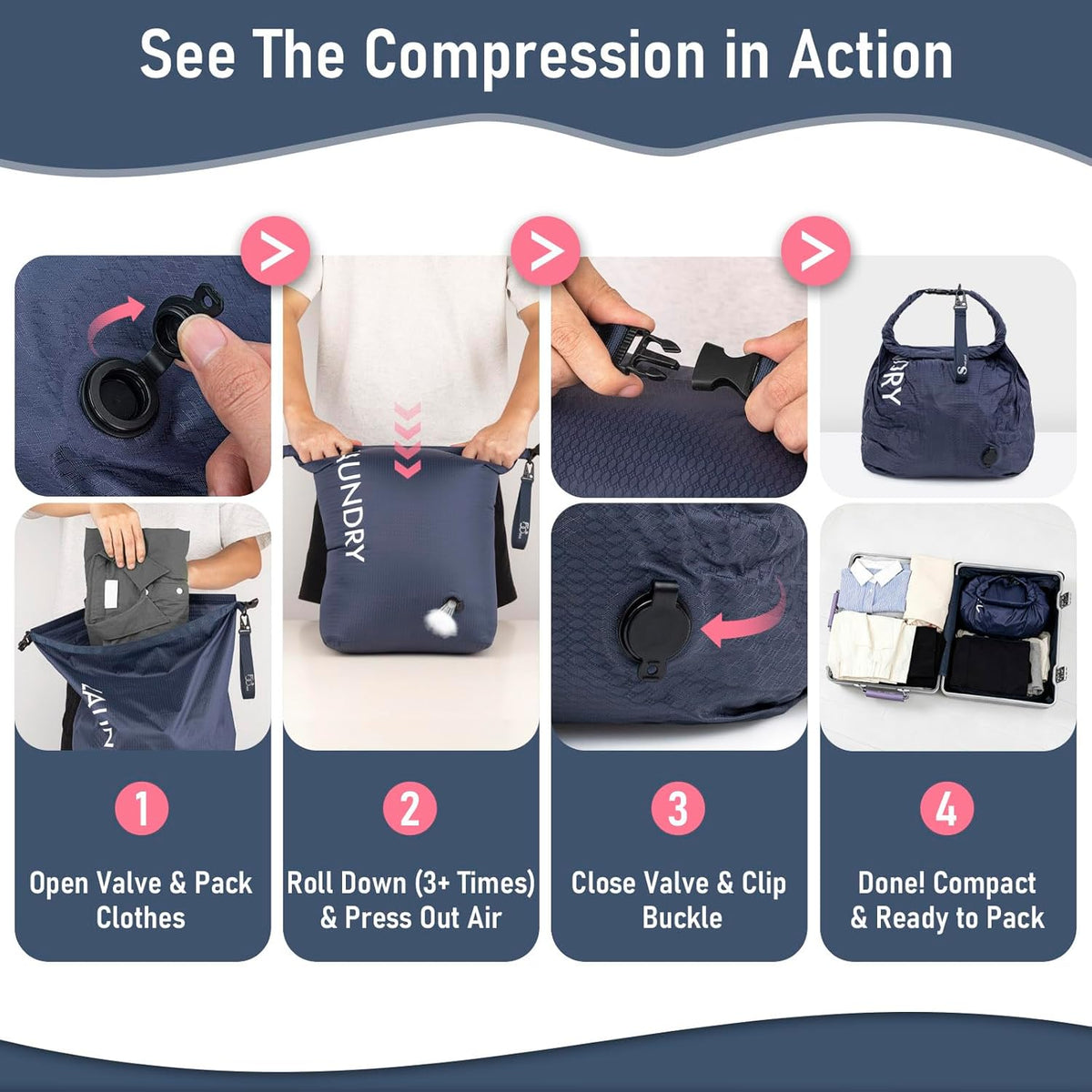 Compression Laundry Bag 2 Pack, Pump-Free Travel Laundry Bag for Dirty Clothes, Waterproof Wet Dry Bag, Space Saving Packing Organizer for Suitcase, Gym & Swim (Navy Blue & Orange)
