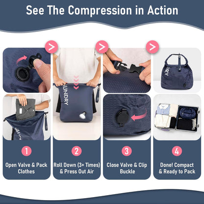 Compression Laundry Bag 2 Pack, Pump-Free Travel Laundry Bag for Dirty Clothes, Waterproof Wet Dry Bag, Space Saving Packing Organizer for Suitcase, Gym & Swim (Navy Blue & Orange)