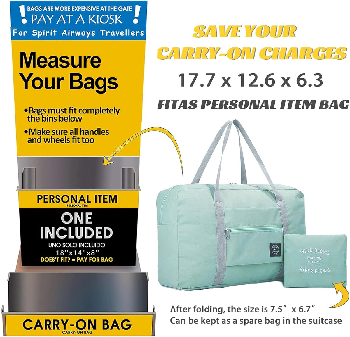 Foldable Travel Duffel Bag Tote Carry on Luggage Bag Spirit Airlines Personal item Sports Gym Bag Water Resistant Weekender Overnight Bags for Women and Men (Blue)