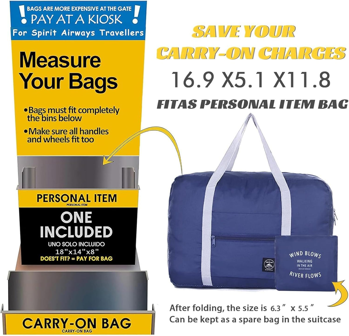 Foldable Travel Duffel Bag Tote Carry on Luggage Bag Spirit Airlines Personal item Sports Gym Bag Water Resistant Weekender Overnight Bags for Women and Men (Blue)