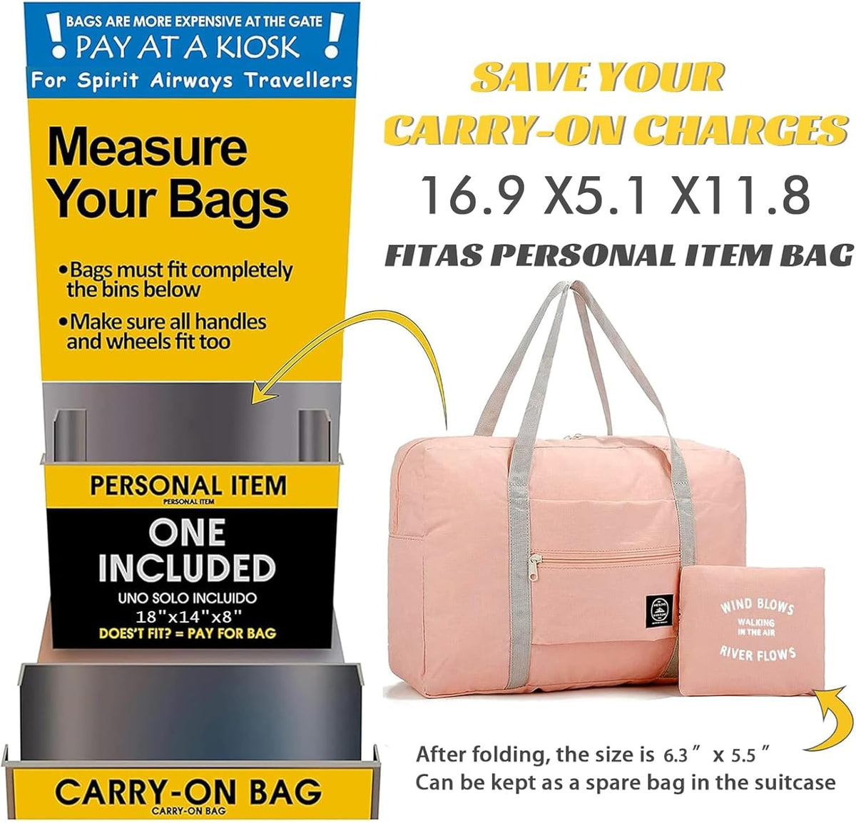 Foldable Travel Duffel Bag Tote Carry on Luggage Bag Spirit Airlines Personal item Sports Gym Bag Water Resistant Weekender Overnight Bags for Women and Men (Blue)