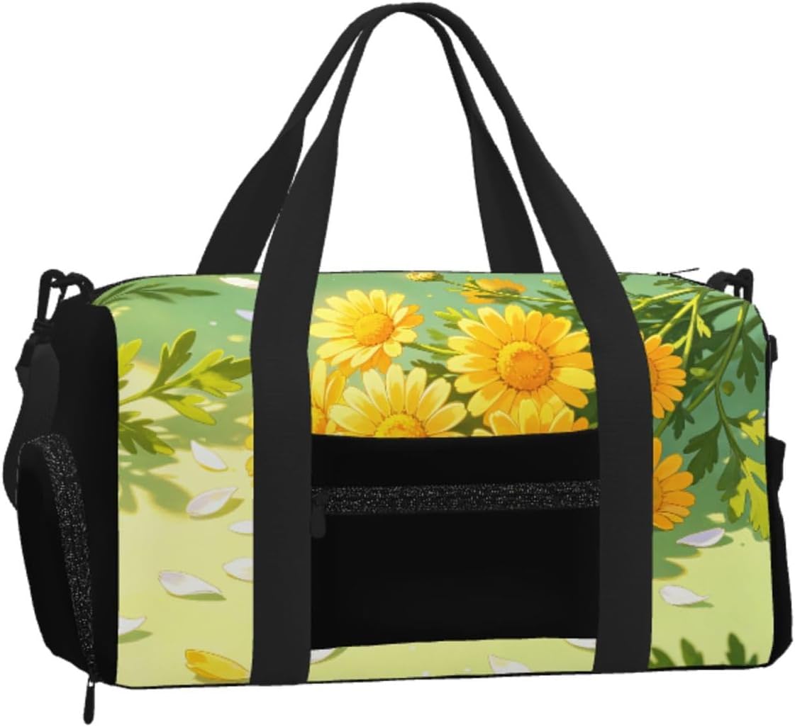 Yellow Daisy Pattern Duffel Bag with Shoe Compartment-Sports Gym Weekender for Men Women, Waterproof Travel Tote with Wet Pocket for Dirty Shoes