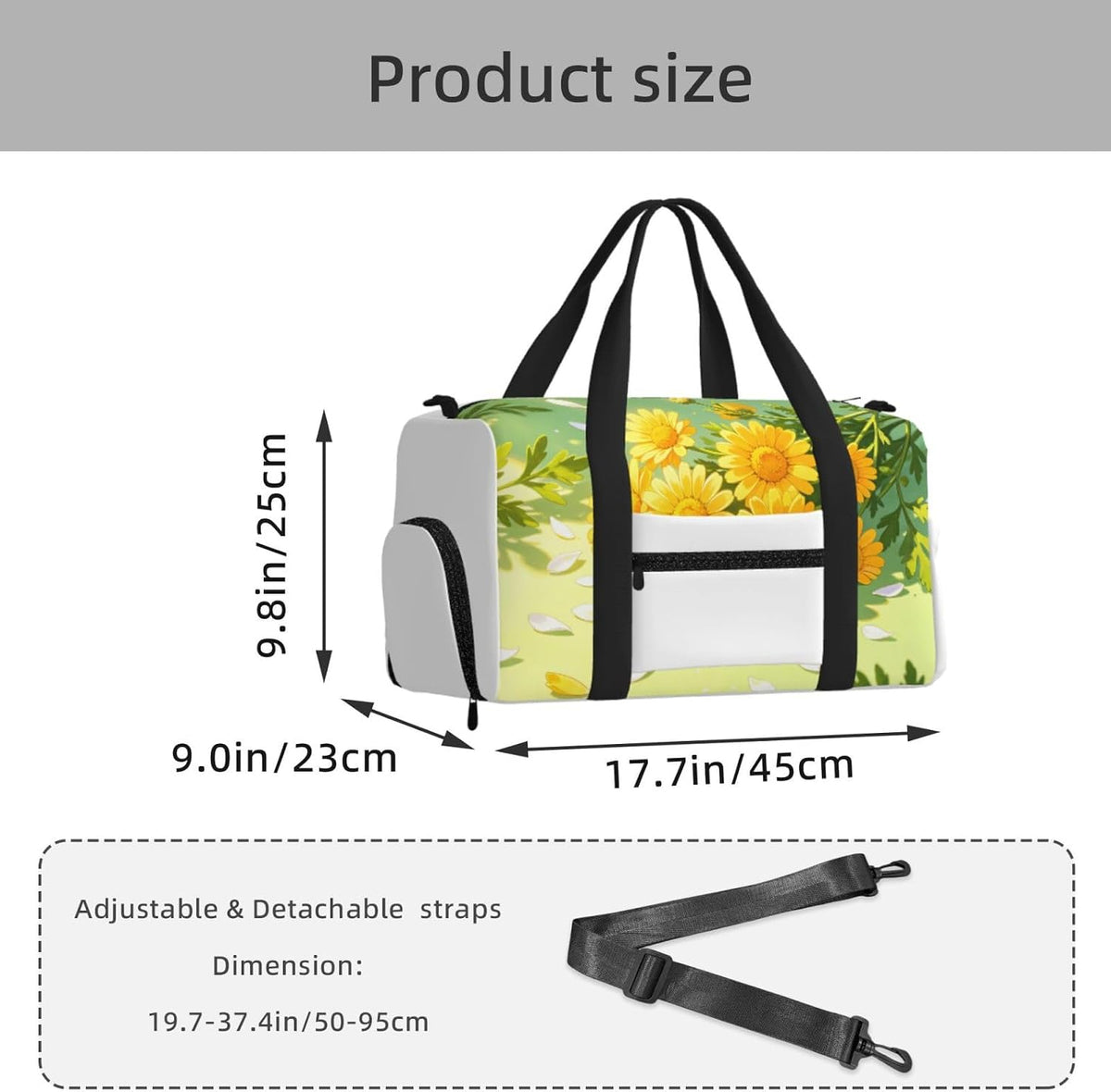 Yellow Daisy Pattern Duffel Bag with Shoe Compartment-Sports Gym Weekender for Men Women, Waterproof Travel Tote with Wet Pocket for Dirty Shoes