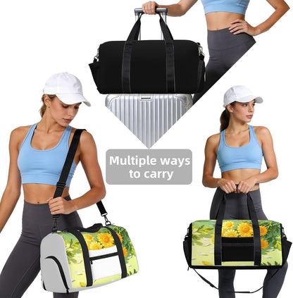 Yellow Daisy Pattern Duffel Bag with Shoe Compartment-Sports Gym Weekender for Men Women, Waterproof Travel Tote with Wet Pocket for Dirty Shoes