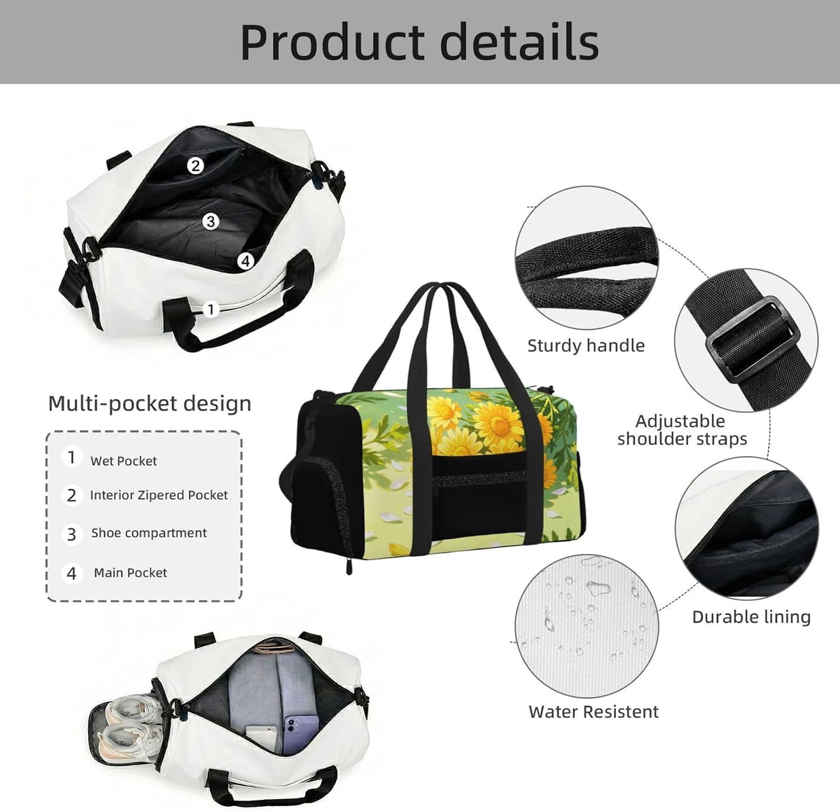 Yellow Daisy Pattern Duffel Bag with Shoe Compartment-Sports Gym Weekender for Men Women, Waterproof Travel Tote with Wet Pocket for Dirty Shoes
