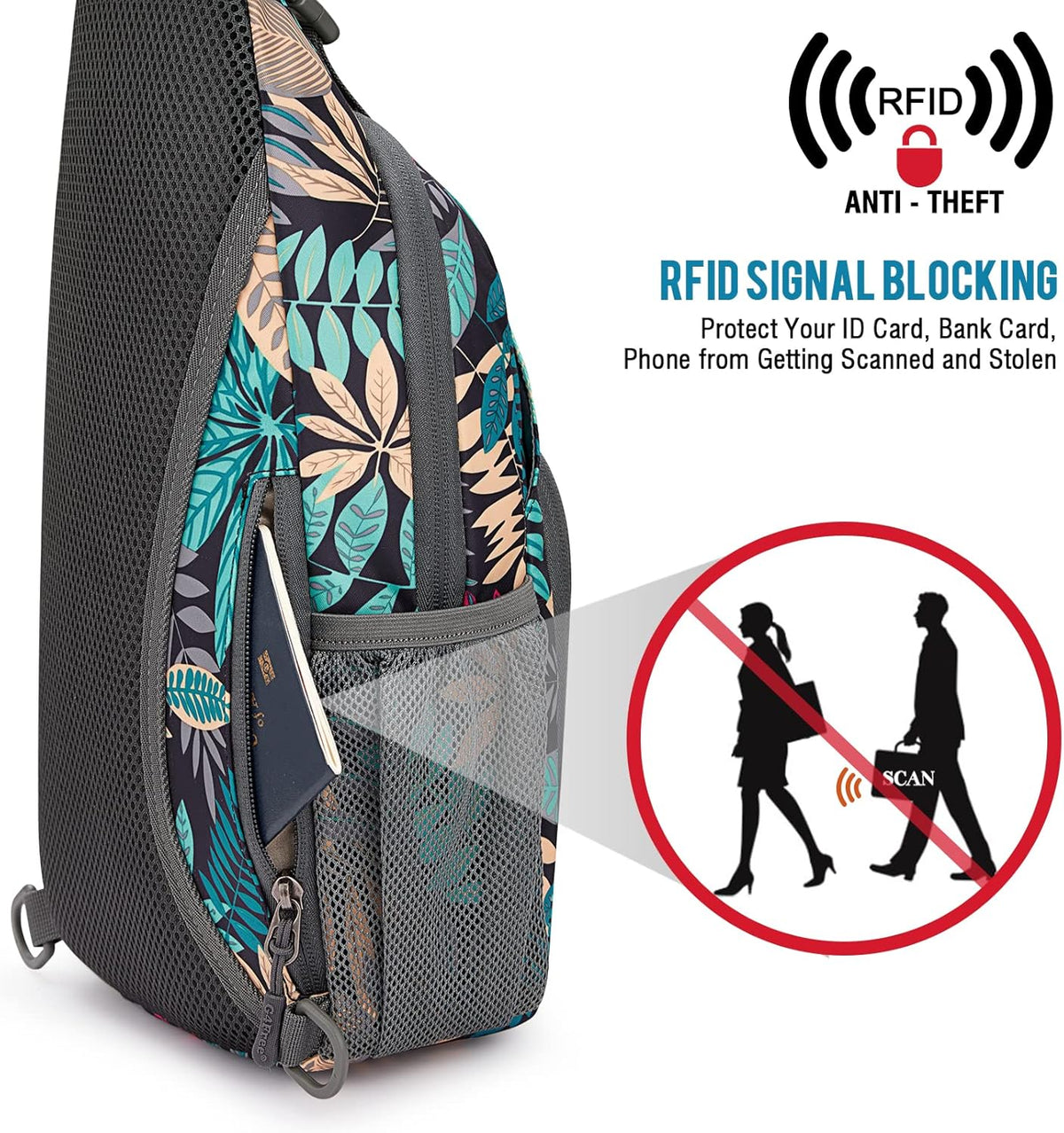 RFID Sling Bag Crossbody Backpack Small Chest Shoulder Bag Hiking Outdoor | Water-Resistant polyester Material, Size: 7.5 x 4 x 15 Inches, Travel, Sports, Reversible and Breathable Shoulder Strap