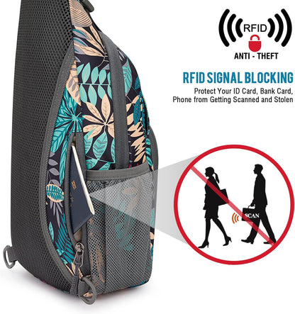 RFID Sling Bag Crossbody Backpack Small Chest Shoulder Bag Hiking Outdoor | Water-Resistant polyester Material, Size: 7.5 x 4 x 15 Inches, Travel, Sports, Reversible and Breathable Shoulder Strap