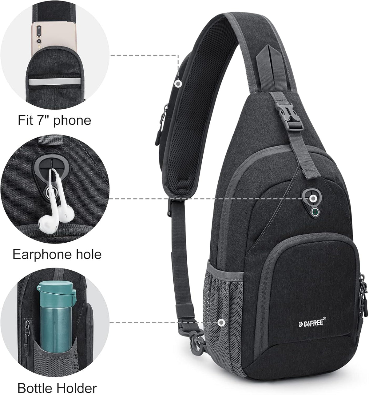 RFID Sling Bag Crossbody Backpack Small Chest Shoulder Bag Hiking Outdoor | Water-Resistant polyester Material, Size: 7.5 x 4 x 15 Inches, Travel, Sports, Reversible and Breathable Shoulder Strap